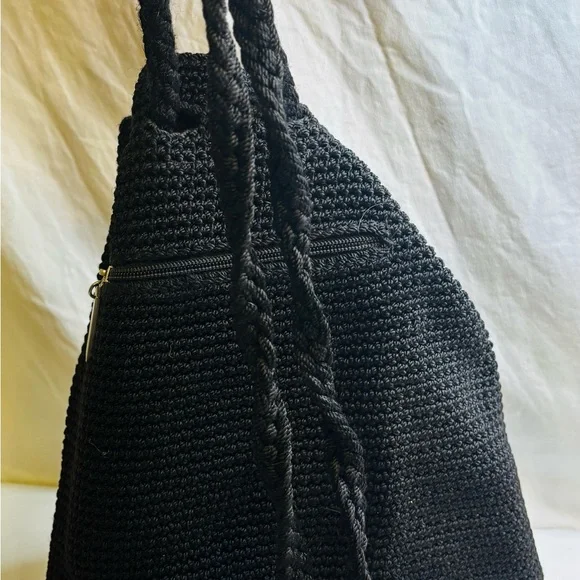 The Sak Black Woven CROCHET Lined Backpack Style Boho Purse Handbag - Picture 2 of 10